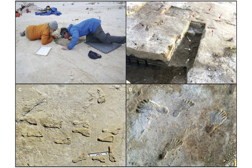 A collage of ancient human footprints being excavated by archaeologists at White Sands National Park.