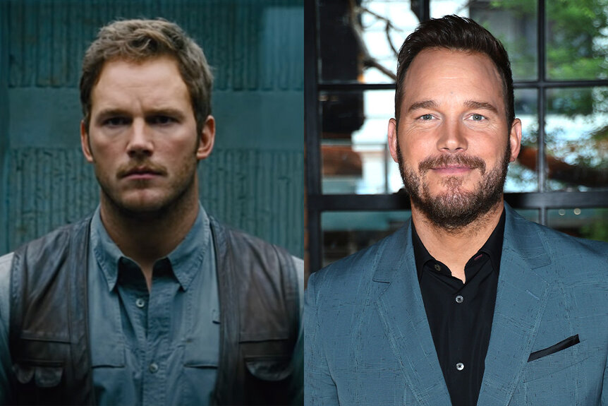 A split of Chris Pratt in Jurassic World (2015) and Chris Pratt in 2023.