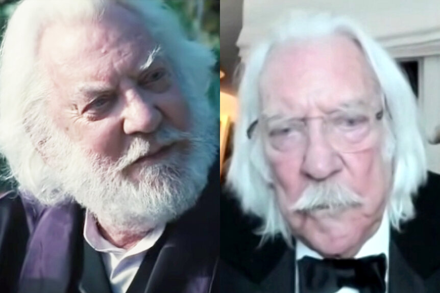 A side-by-side of Donald Sutherland in Hunger Games (2012) and in 2021.