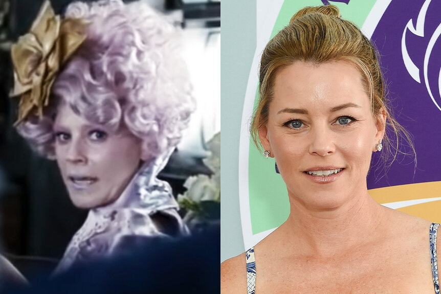 A side-by-side comparison of Elizabeth Banks in Hunger Games (2012) and in 2023.