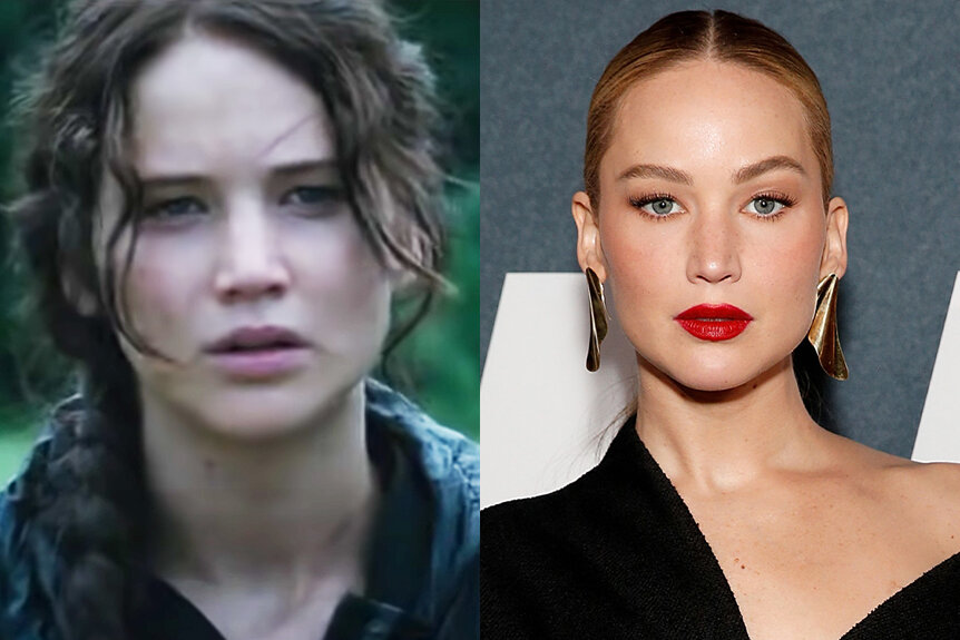 A side-by-side comparison of Jennifer Lawrence in Hunger Games (2012) and in 2023.