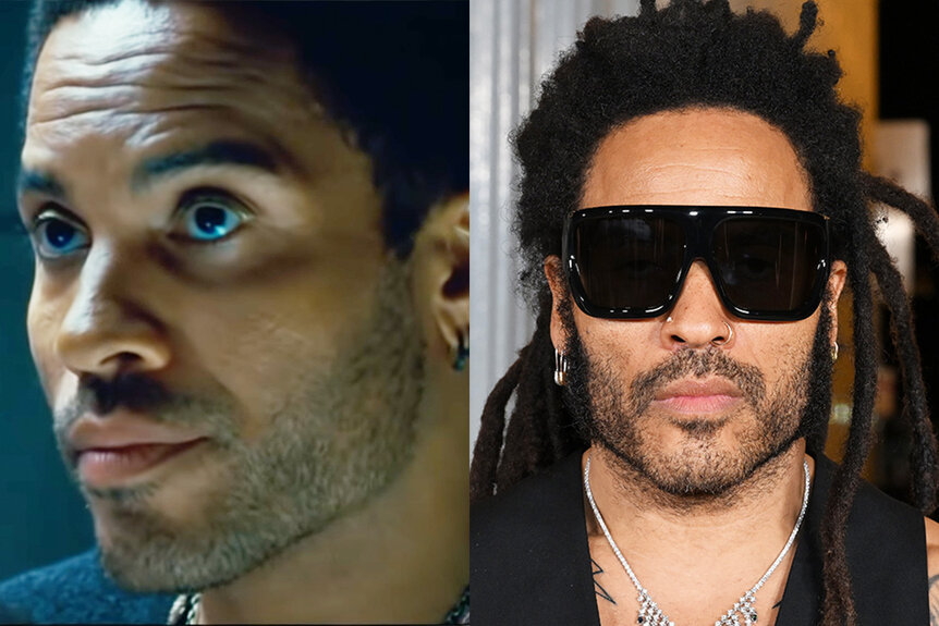A side-by-side of Lenny Kravitz in Hunger Games (2012) and in 2023.