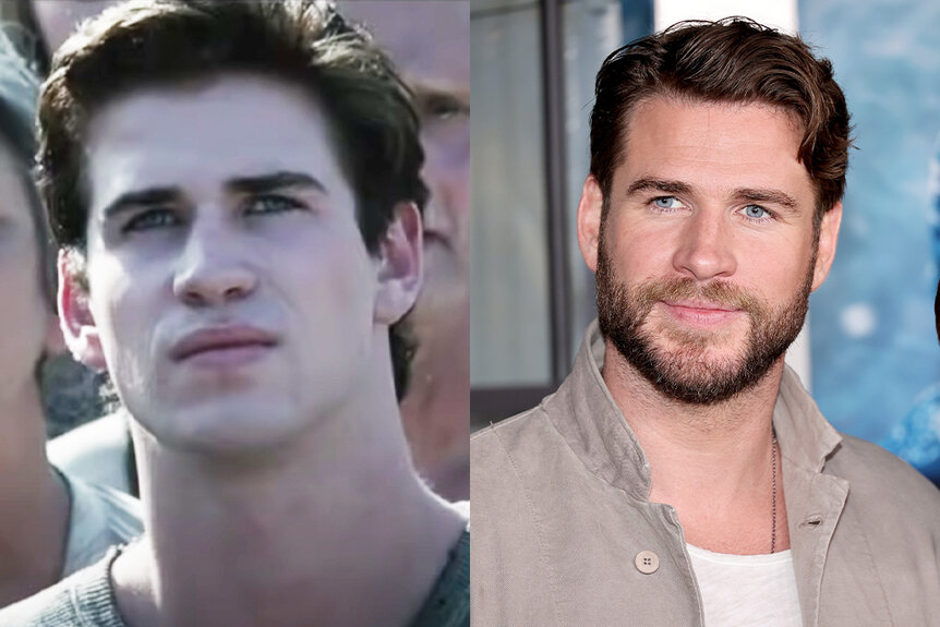 A side-by-side comparison of Liam Hemsworth in Hunger Games (2012) and in 2023.