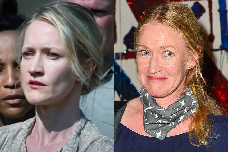 A side-by-side of Paula Malcomson in Hunger Games (2012) and in 2021.