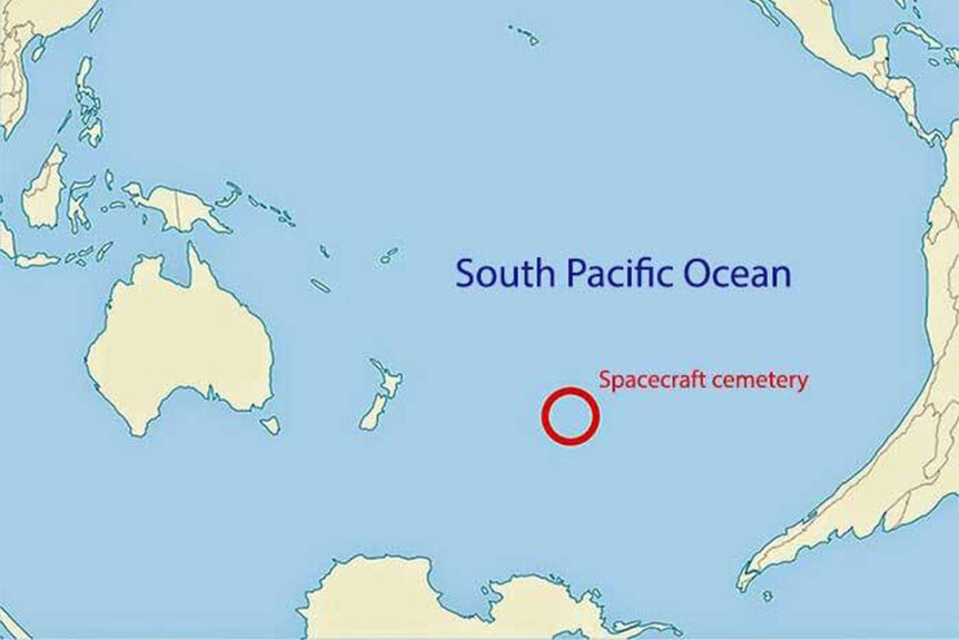 A mapf of the South Pacific Ocean with the spaceship graveyard at Point Nemo, the most remote place on Earth.