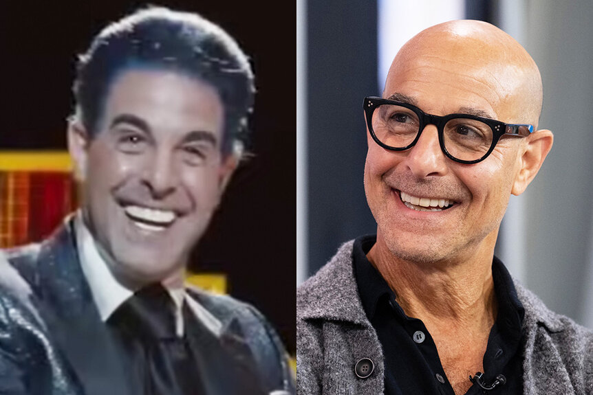 A side-by-side of Stanley Tucci in Hunger Games (2012) and in 2023.