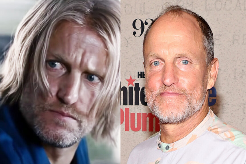 A side-by-side comparison of Woody Harrelson in Hunger Games (2012) and in 2023.