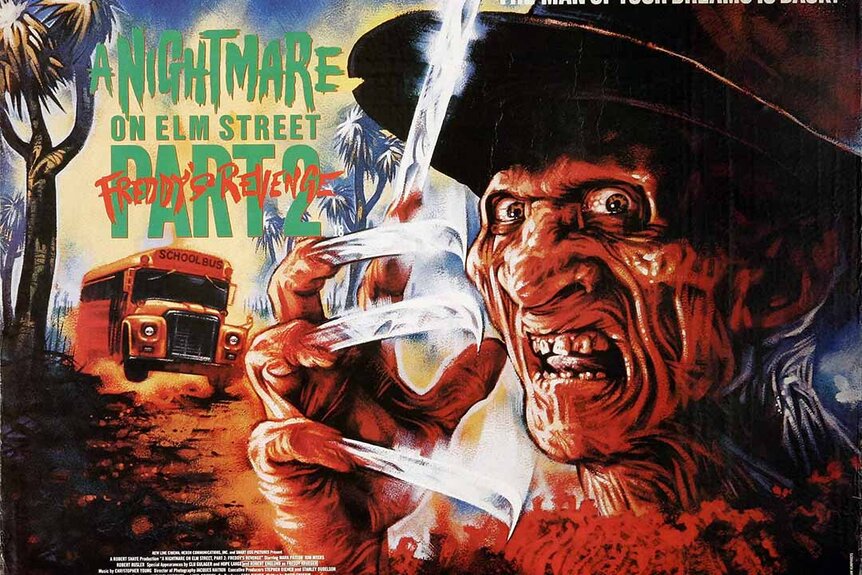 A poster for A Nightmare on Elm Street Part 2: Freddy's Revenge (1985) featuring Freddy Krueger and a bus.