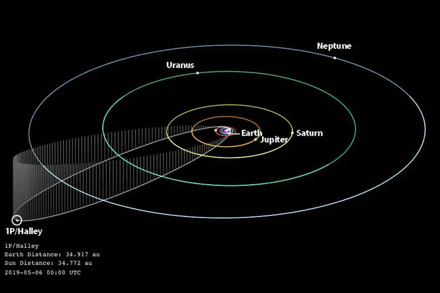 A diagram of Halley's Comet's highly eliptical orbit