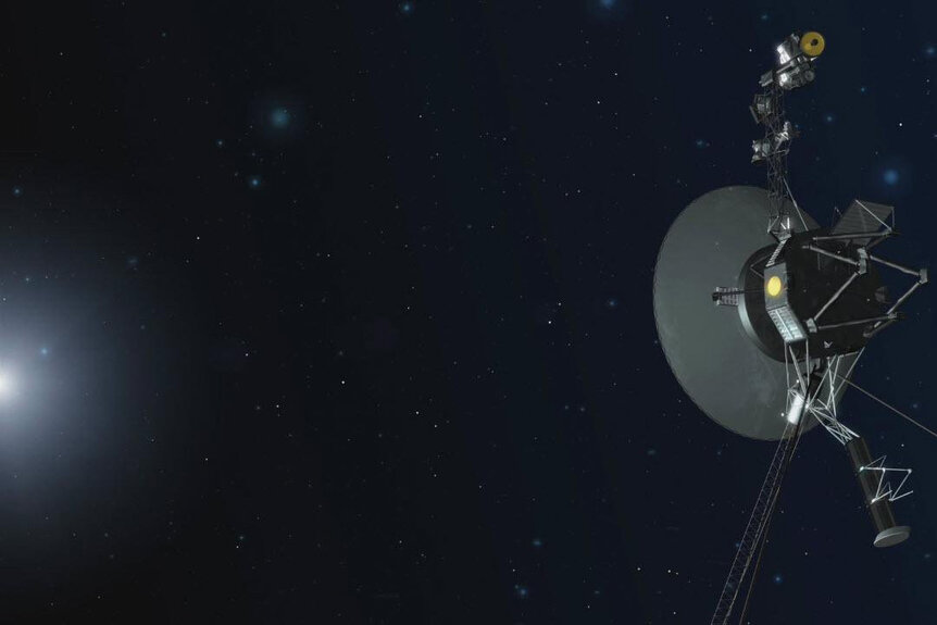 Illustration of the Voyager spacecraft in deep space.