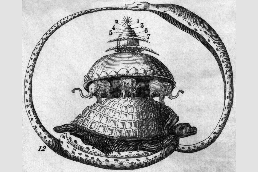 An illustration of an ancient Hindu idea of the world, the earth supported on a giant tortoise with an ouroborous around it.