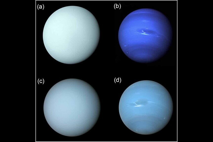 Color comparison of Uranus and Neptune with shots from Voyager 2 ISS in 1986 and 1989 and in current day.