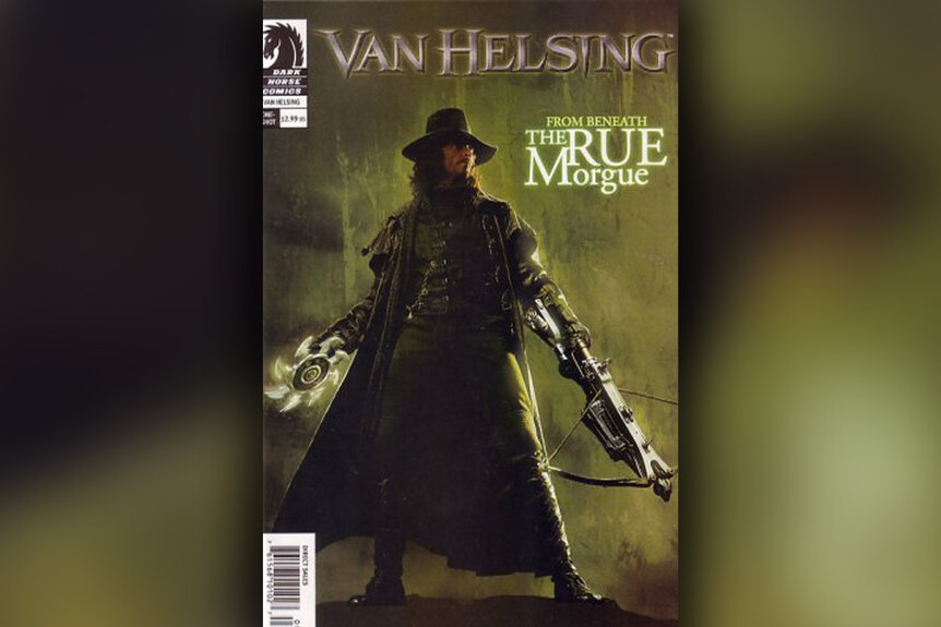 A comic book cover featuring Van Helsing with a crossbow and sharp weapon.