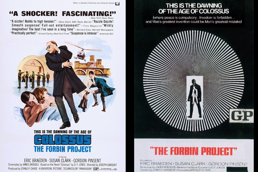 A split of featuring two posters for The Forbin Project (1970).