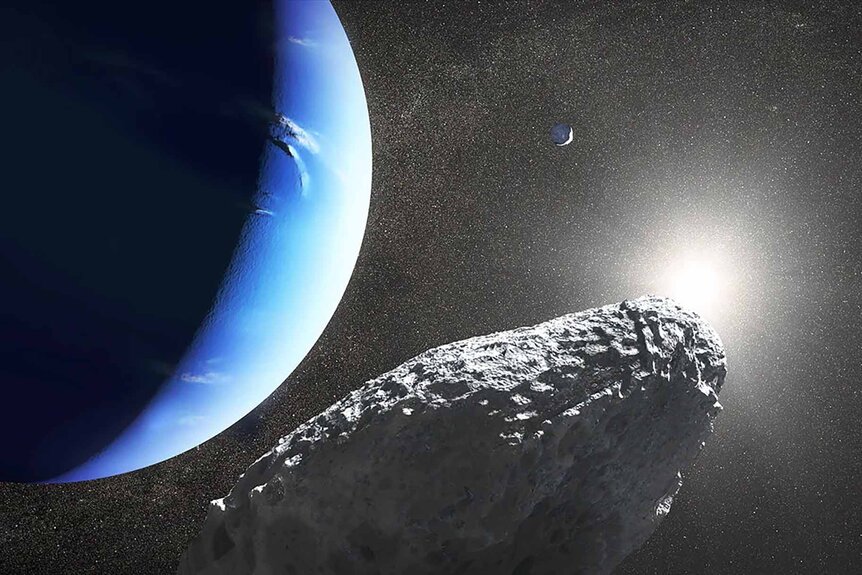 Illustration of small moons orbiting Neptune