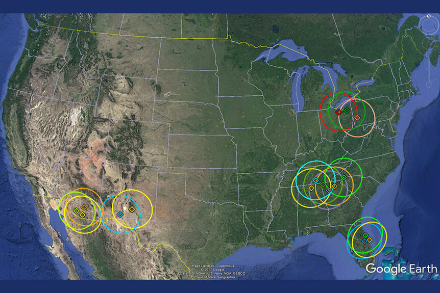 A map of the cameras in NASA's All-sky Fireball Network in America.