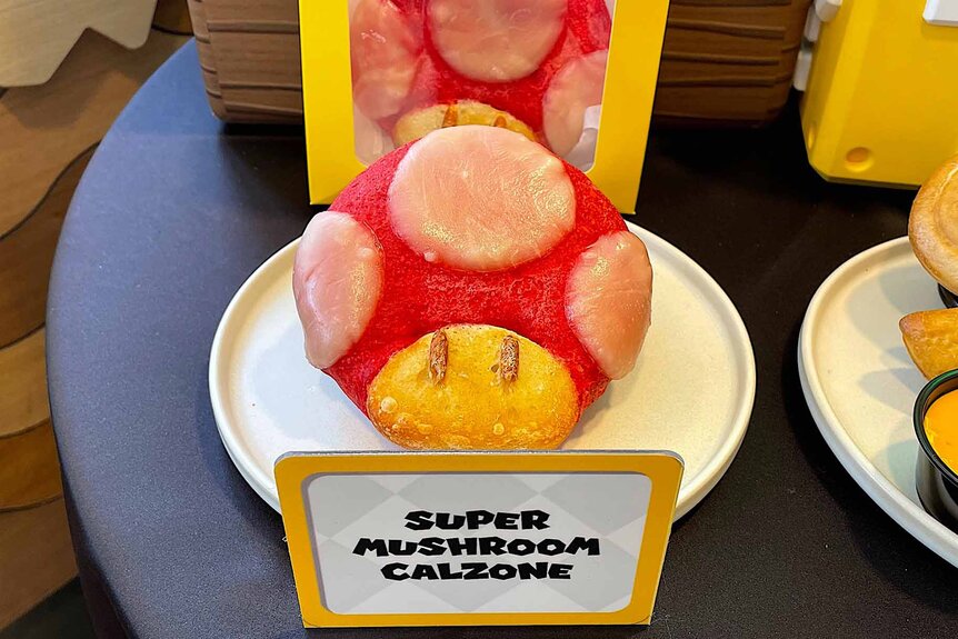 An closeup of the Super Mushroom Calzone at the new Super Mario World at Universal Studios Hollywood.