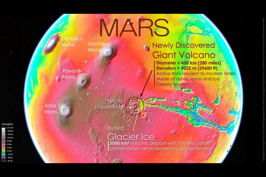 A topographic map depicting the location of the Noctis volcano on Mars/