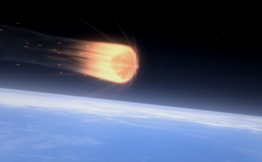 An illustration of NASA's Orion capsule during reentry