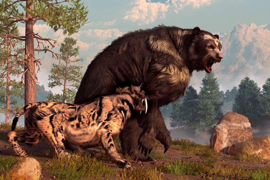A short faced bear and saber toothed cat stand in nature