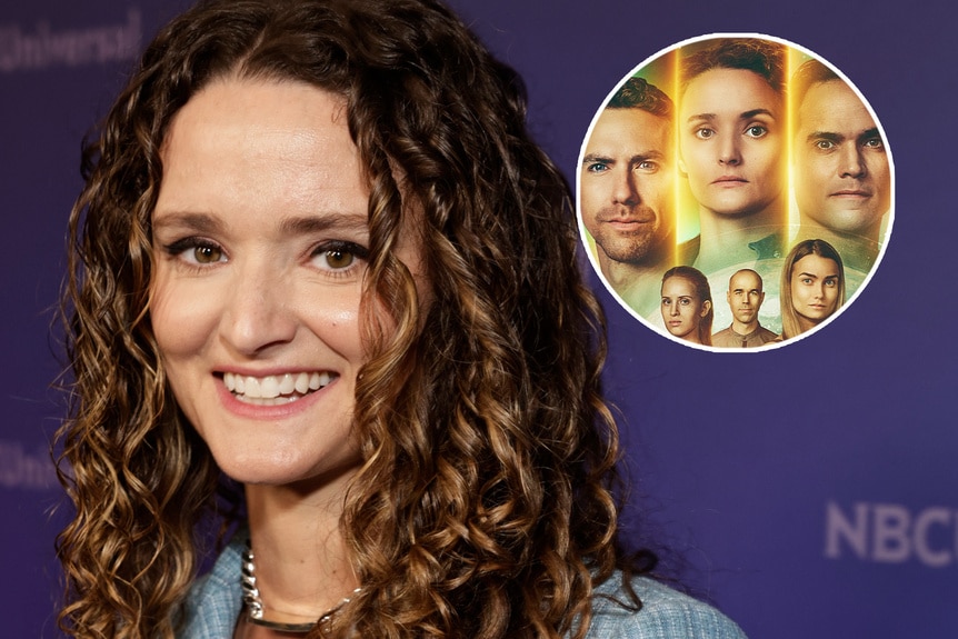 Christie Burke with an inset image of promotional artwork for season three of The Ark.