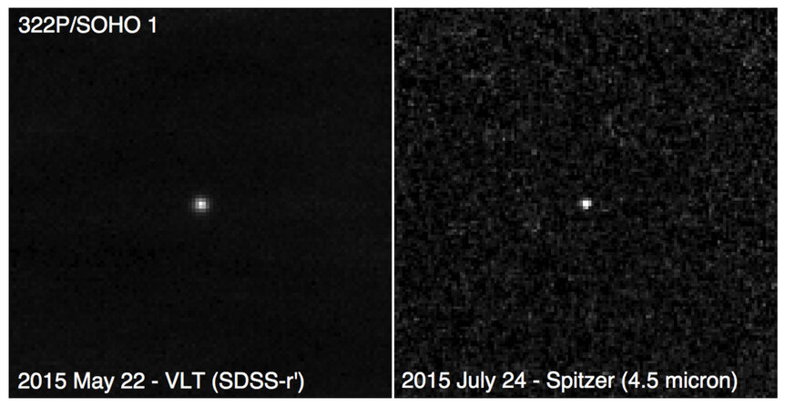 Left: An image of 322P/SOHO from the Very Large Telescope taken in May 2015. Right: Spitzer Space Telescope image from July 2015. In neither is there any sign of cometary activity. Credit: Knight et al.