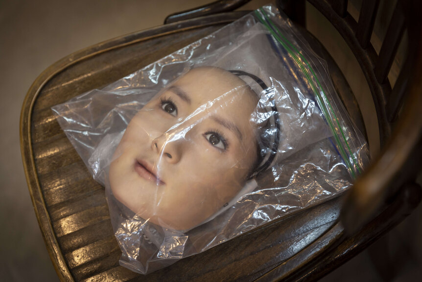 3D printed face mask in packaging from artist Shuhei Okawara