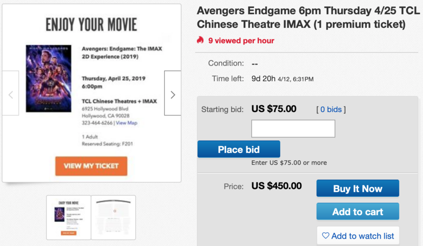 Avengers: Endgame tickets on eBay