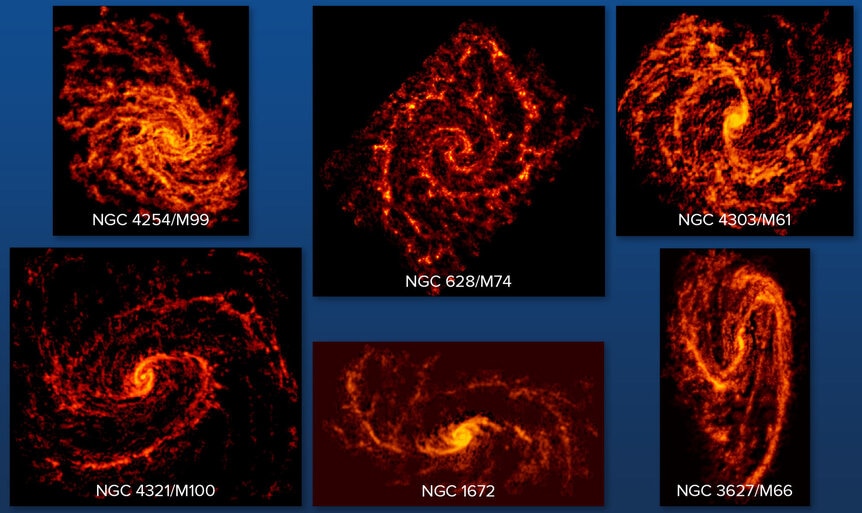 Six spiral galaxies observed using ALMA to trace where stars are being born. Credit: ALMA (ESO/NAOJ/NRAO); NRAO/AUI/NSF, B. Saxton