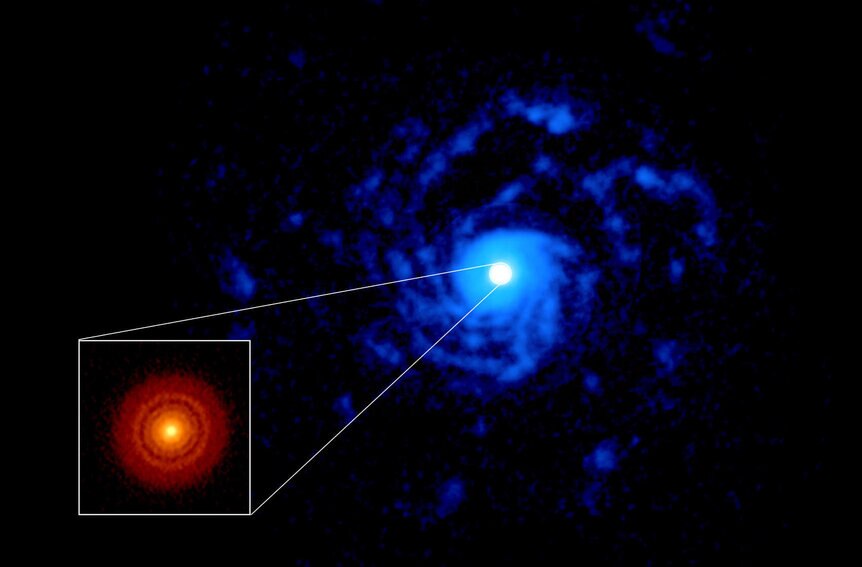 Spiral arms of cold gas surround the young star RU Lupi extending well outside the disk of planet-forming dust (inset). Credit: ALMA (ESO/NAOJ/NRAO), J. Huang and S. Andrews; NRAO/AUI/NSF, S. Dagnello