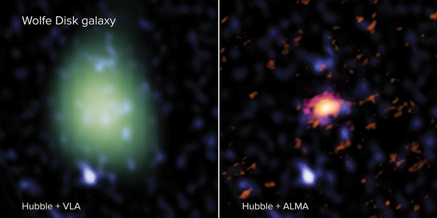 The Wolfe Galaxy seen by the Very Large Array (green, left), which shows diffuse molecular gas, and ALMA (red, right) which shows colder gas and dust, with Hubble observations (blue) as a background for both showing where stars are forming. 