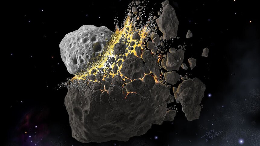 Artwork depicting an ancient collision between huge asteroids out past Mars. The dust from this 466-million-year-old collision fell to Earth and may have started an ice age. Credit: Don Davis
