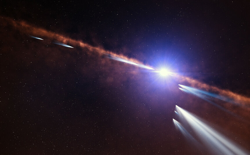 Artwork depicting comets orbiting the young star Beta Pictoris, still surrounded by a disk of material. Note that the comet tails point away from the star; that affects what we see as a comet transits the star’s face. Credit: ESO/L. Calçada