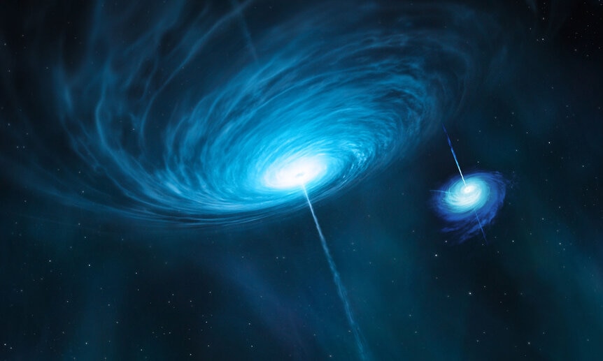 Artwork depicting binary quasars, two actively galaxies orbiting one another. Credit: NASA/ESA/Hubble/ESO/M. Kornmesser, adapted by Phil Plait