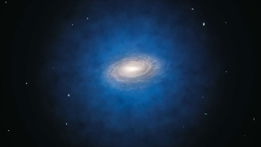 Artwork depicting the Milky Way galaxy embedded in a halo of dark matter. Credit: ESO/ L. Calçada