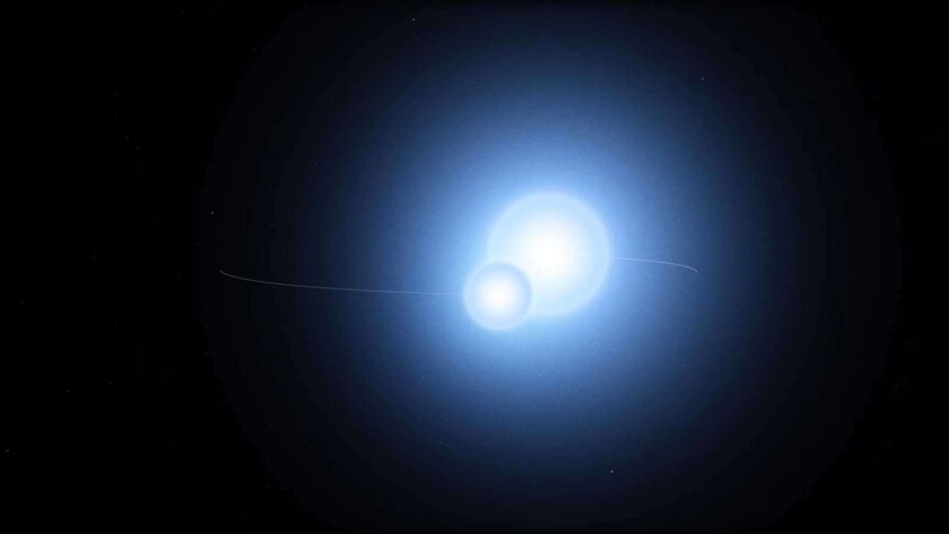 Artwork of a binary system where we see the orbit nearly edge-on, so the two stars eclipse each other over the course of an orbit. Credit: NASA's Goddard Space Flight Center/Chris Smith (USRA)