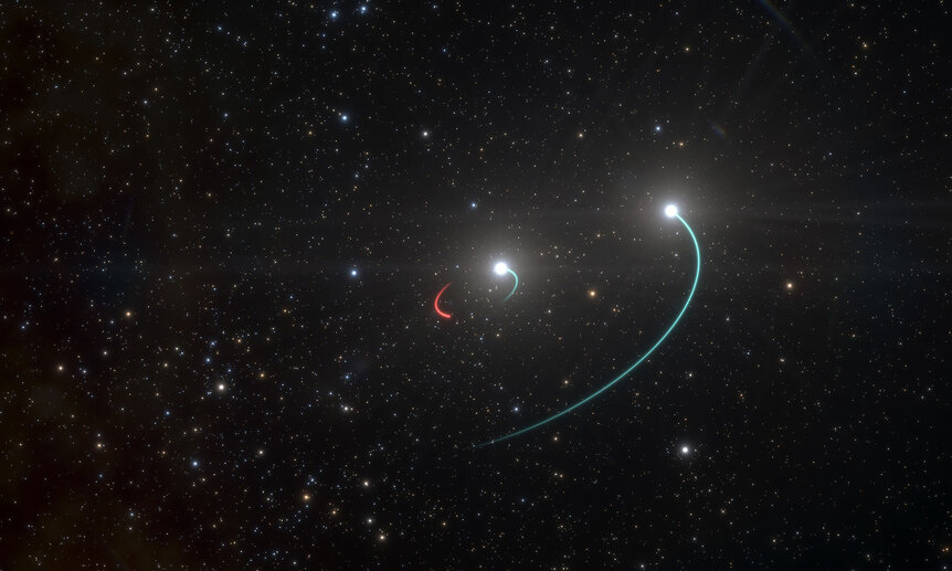 Artwork depicting the HR 6819 system, where a massive star (teal streak) orbits an unseen but massive companion: a black hole (red streak), while a third star orbits them both. Credit: ESO/L. Calçada