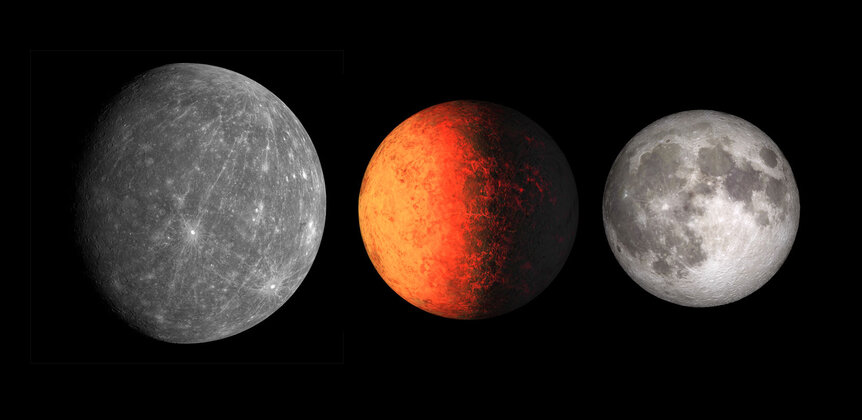 Worlds compared: Mercury (left), Kepler-37b (middle), and our Moon to about the same scale. At this scale, the Earth would fill the picture; it’s wider than all three of these worlds combined.