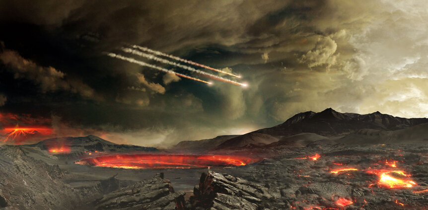 Artwork depicting meteors falling on the early Earth. Did they carry the building blocks for life on them? Many certainly did. Credit: NASA's Goddard Space Flight Center Conceptual Image Lab