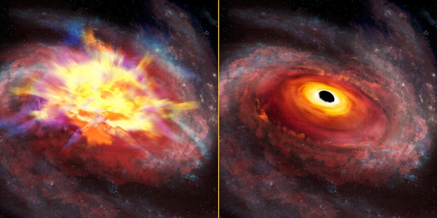 Artwork depicting how the central engine of a quasar is obscured in visible light (left) but revealed in infrared (right). Credit: International Gemini Observatory/NOIRLab/NSF/AURA/P. Marenfeld
