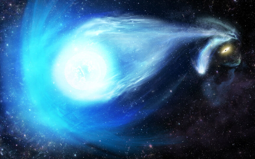 Artwork depicting the ejection of one star in a binary system by a supermassive black hole. Credit: James Josephides (Swinburne Astronomy Productions)