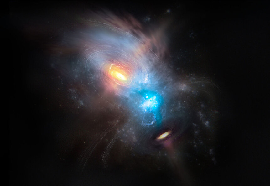 Artwork depicting the chaos of galactic collision: NGC 6240 is two galaxies colliding, each with their own supermassive black hole surrounded by huge amounts of gas. Credit: Credit: NRAO/AUI/NSF, S. Dagnello