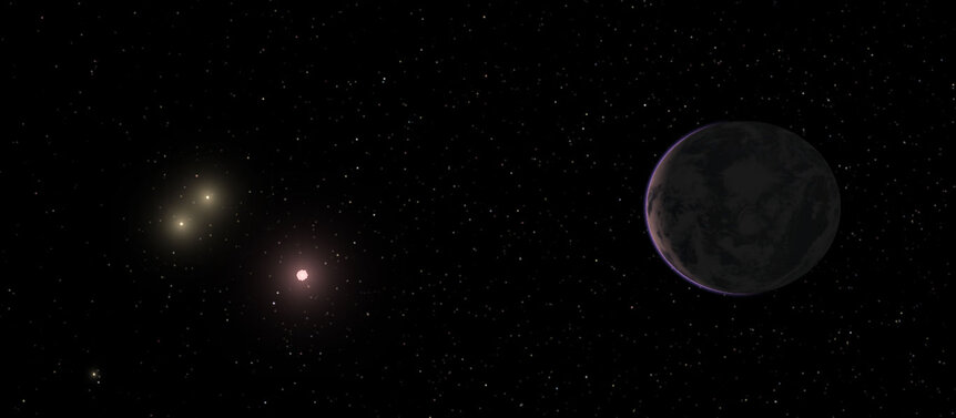 Artwork of a planet orbiting one star in a triple star system. Credit: G. Anglada-Escudé using the program Celestia