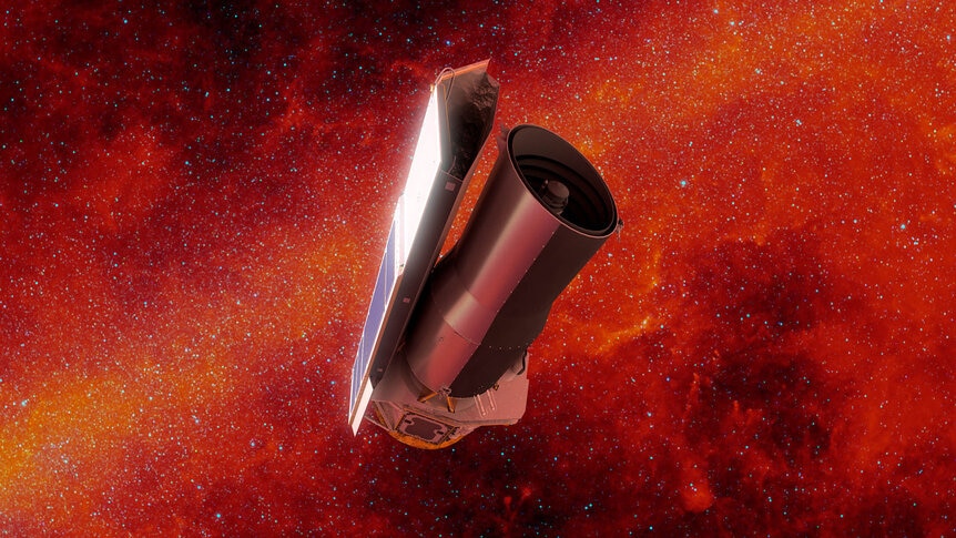 Artwork of Spitzer Space Telescope against a background of the sky seen in infrared. Credit: NASA/JPL-Caltech/R. Hurt (IPAC)