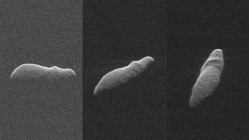 Radar images of the asteroid 2003 SD220 using Goldstone and the Greenbank Telescope show it to be an elongated rock rotating extremely slowly. Credit: NASA/JPL-Caltech/GSSR/NSF/GBO