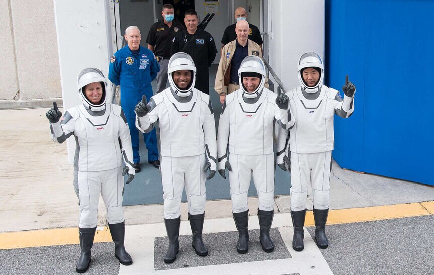 The four astronauts of Crew-1 (L-R: Shannon Walker, Victor Glover, Mike Hopkins, Soichi Noguchi) in their spacesuits during a dress rehearsal for flight on 12 November 2020. Credit: NASA