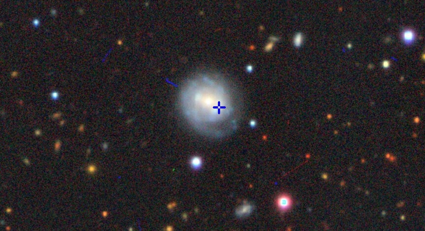 The location of AT2018cow in the galaxy CGCG 137-068. Credit: Color image from the Imagine Viewer, created by Dustin Lang, for the Legacy Surveys project