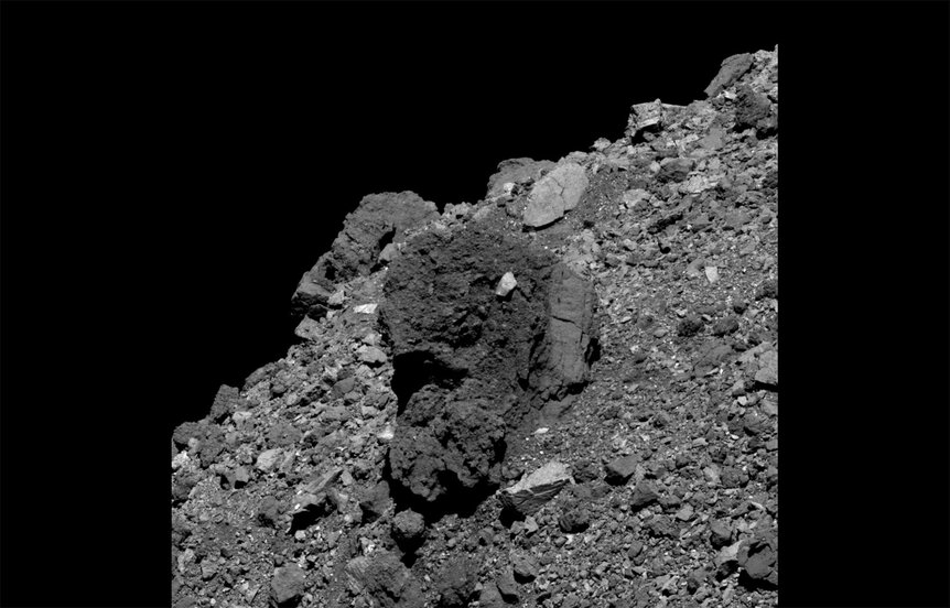 Gargoyle Saxum, a dark rock on the surface of the asteroid Bennu. Credit: NASA/Goddard/University of Arizona