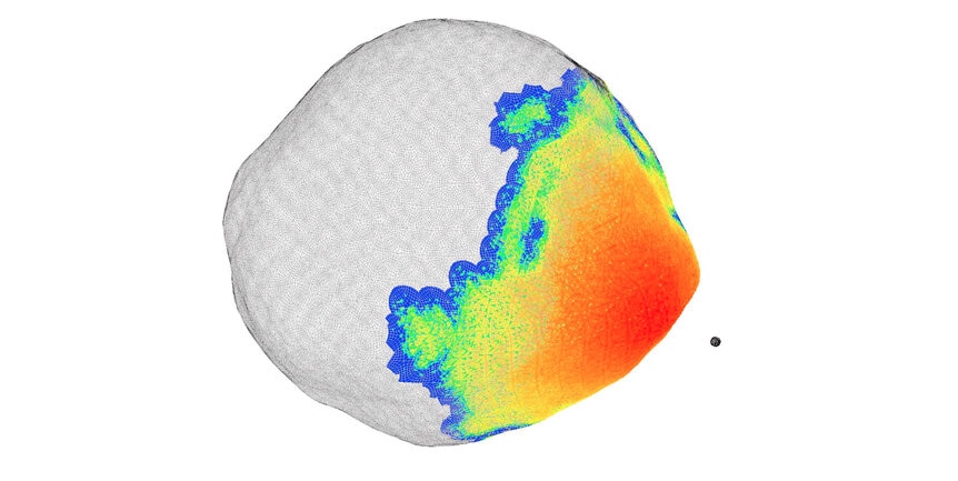 A model of asteroid deflection tests how one like the 500-meter wide Bennu would react to a 1-megaton nuclear weapon (black dot) detonated just off the surface. Red areas vaporize and push the asteroid off-course.
