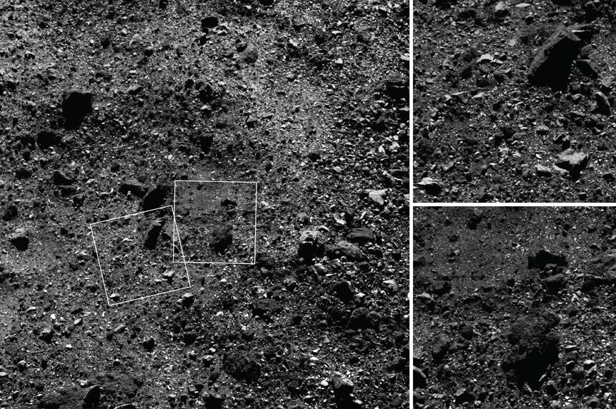 A close-up of the surface of Bennu taken from 1.8 km up, shows just how rocky it is. The image on the left is 180 meters across, and the insets are just over 30 meters. The biggest boulders are about the size of a house. Credit: NASA/Goddard/University of